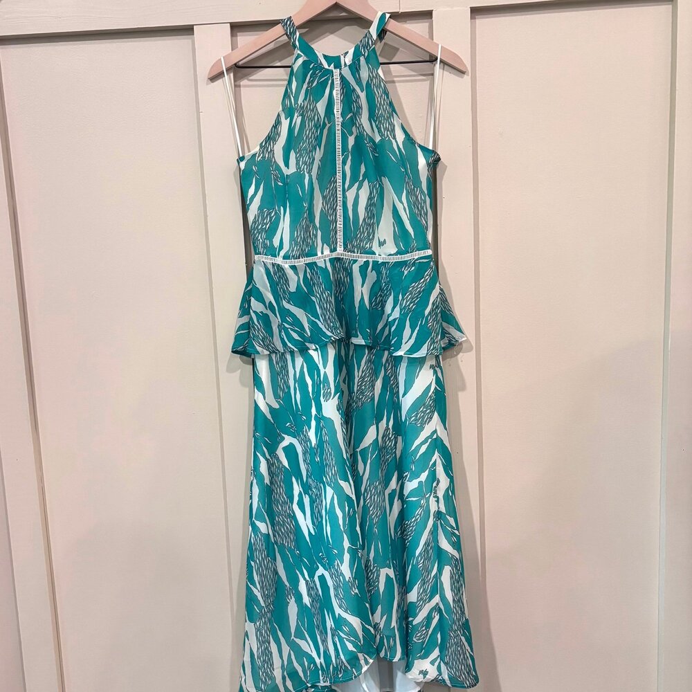 Adelyn Rae "Layne" Abstract Green & White Halter Peplum Midi Dress- M Eclectic - Picture 2 of 7
